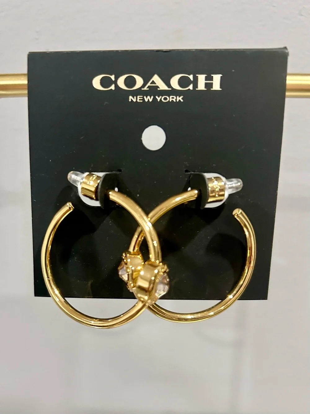 COACH Gold Hoop Earrings with Crystal Accent - Picture 3 of 4